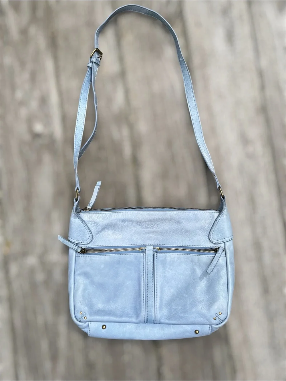 American Leather Co Light Blue Leather Crossbody Shoulder Bag Large - Picture 3 of 12
